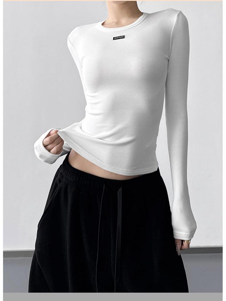 Women's Grey Round Neck Slim Fit Long T-Shirt - 2025 Autumn/Winter Collection