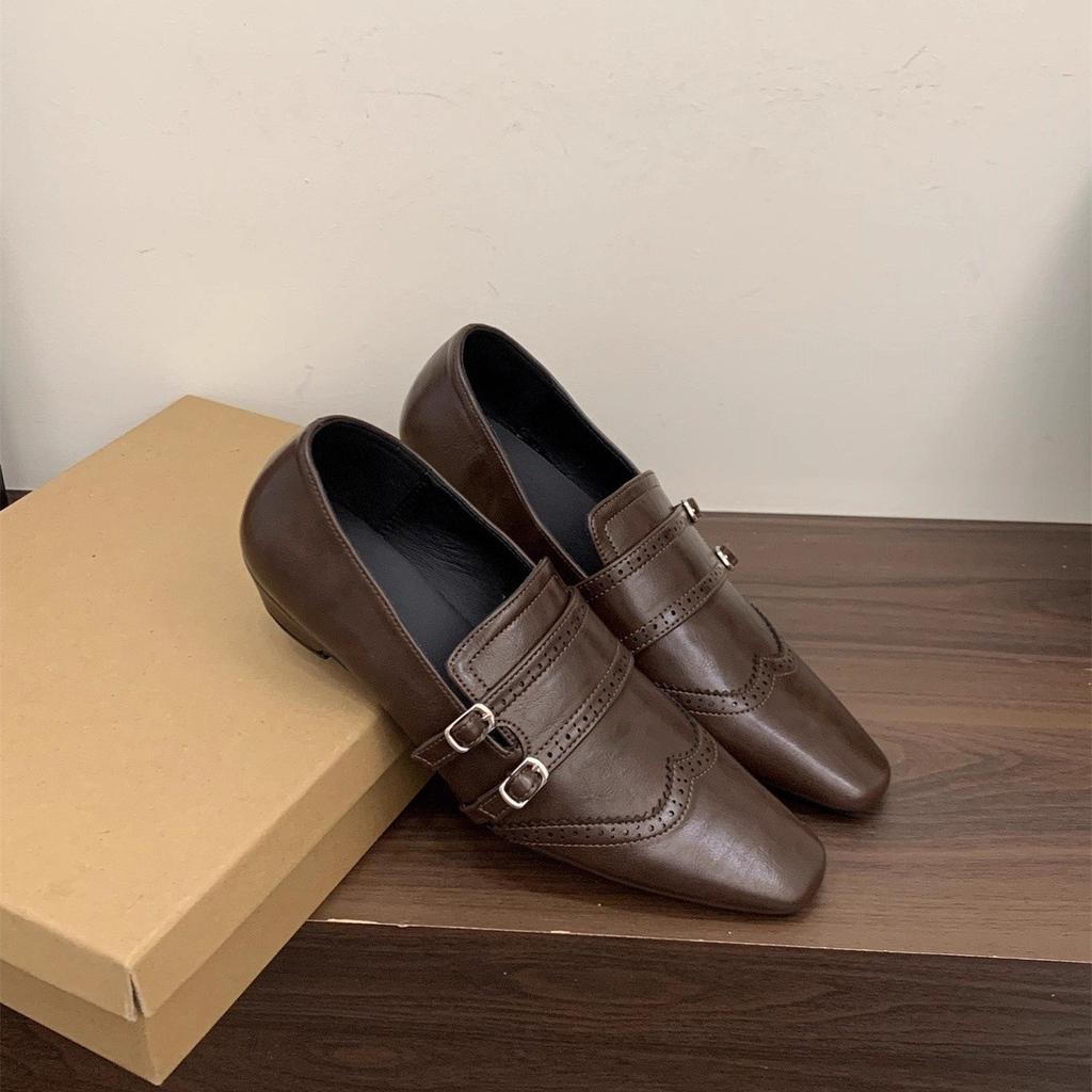 Early autumn square head thick heel single shoes women's versatile and thin British style small leather shoes loafers women's shoes
