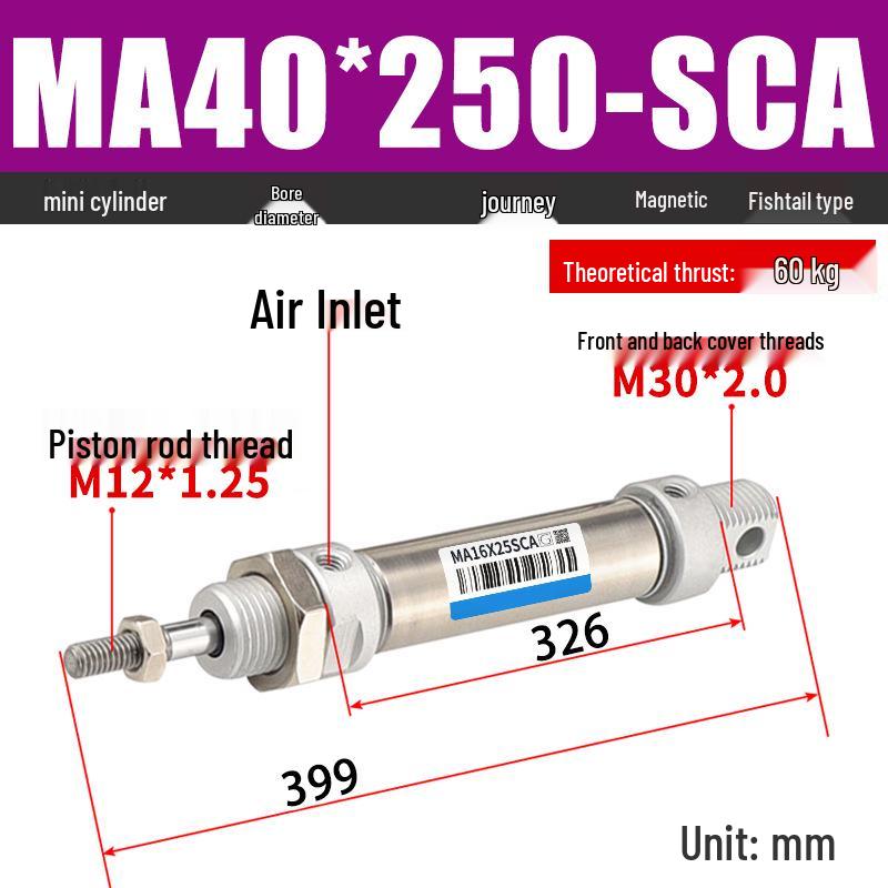 Mini Stainless Steel Pneumatic Cylinder MA Series (16-40mm Bore, 50-200mm Stroke)