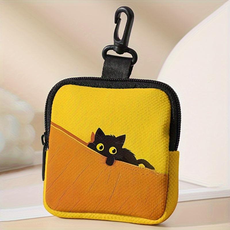 Yellow Background Black Cat Print Pouch Faux Leather Waterproof Zipper Bag Multifunctional Storage Purse Portable Organizer