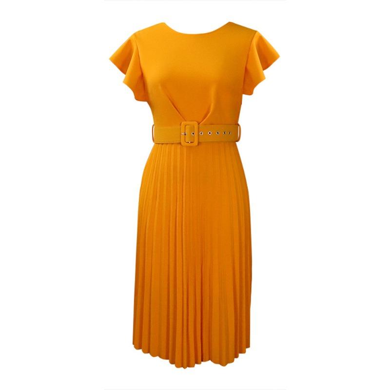 

Летнее платье с рукавами-лепестками лотоса, круглым вырезом, плиссировкой на талии и поясом XXXL оранжевый