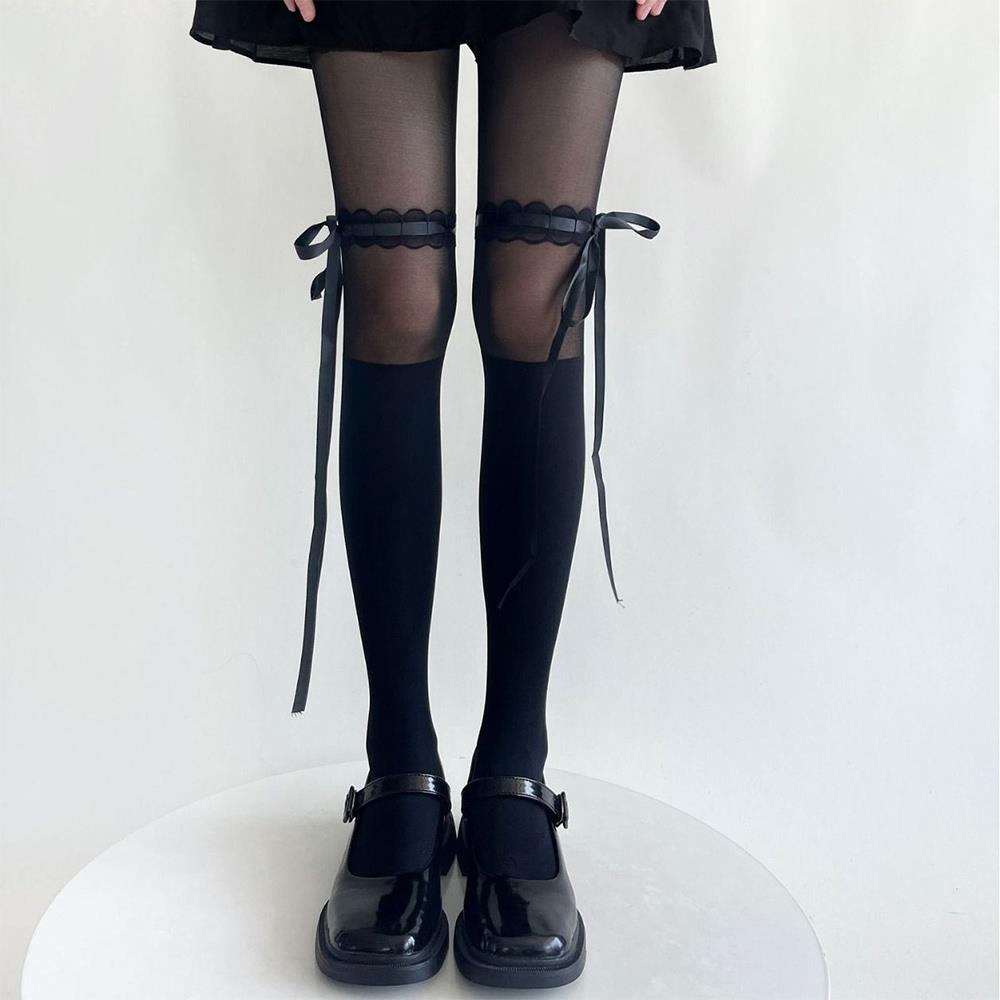 Women's Suspender Stockings with Lace Bows Japanese Lolita Hotsweet Thigh High Stockings Tights JK Style White Pantyhose