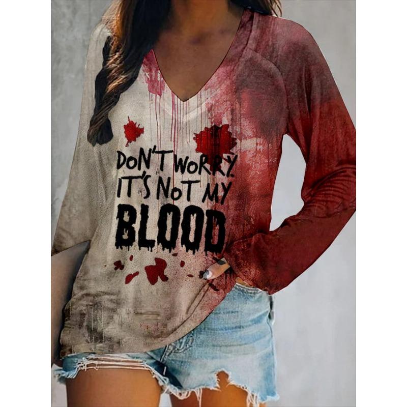 Halloween Mode Blutiger Buchstabe 3D-Druck Grafik Langarm-T-Shirt Lässiges V-Ausschnitt-Oberteil Polyester Atmungsaktiv