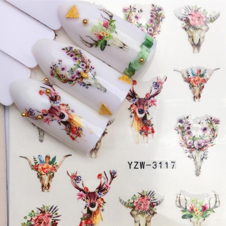 1 Sheet Flower Series Nail Art Water Transfer Sticker Full Wraps Deer Lavender Tattoo Flamingo Nail Tips DIY Decals Decoration