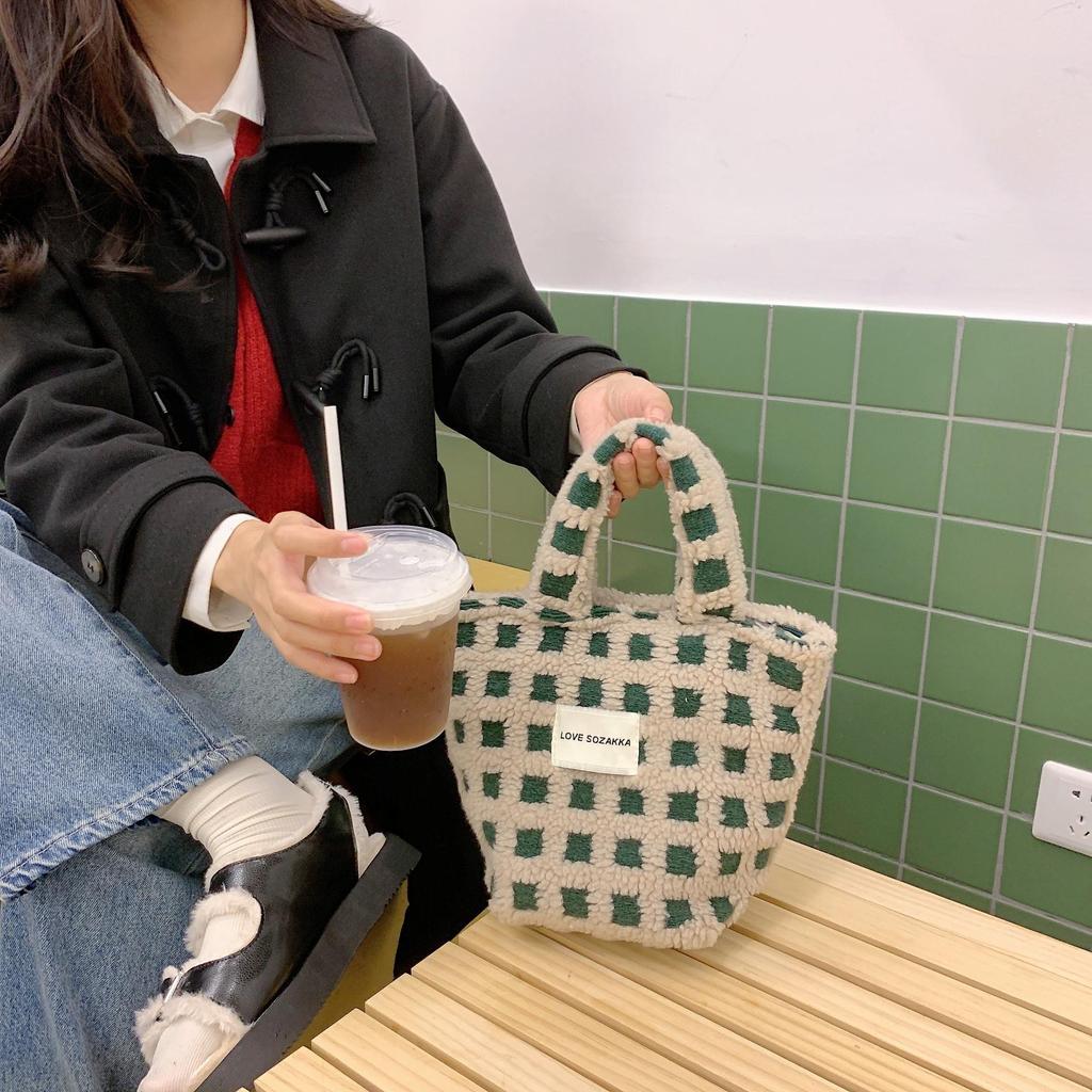 Jesienno-zimowa gofra z włosia jagnięcego Śliczna podręczna torba z grubej bawełny Damska przenośna torebka o dużej pojemności