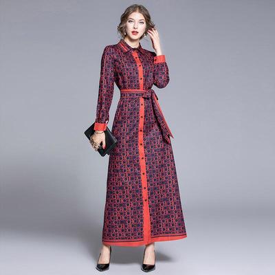 Frühling Herbst Mode Marke Designer Runway Buchstaben Drucken Rot Vintage Maxi Kleid Frauen Drehen Unten Kragen Langarm Gürtel Spitze up Party Kleider