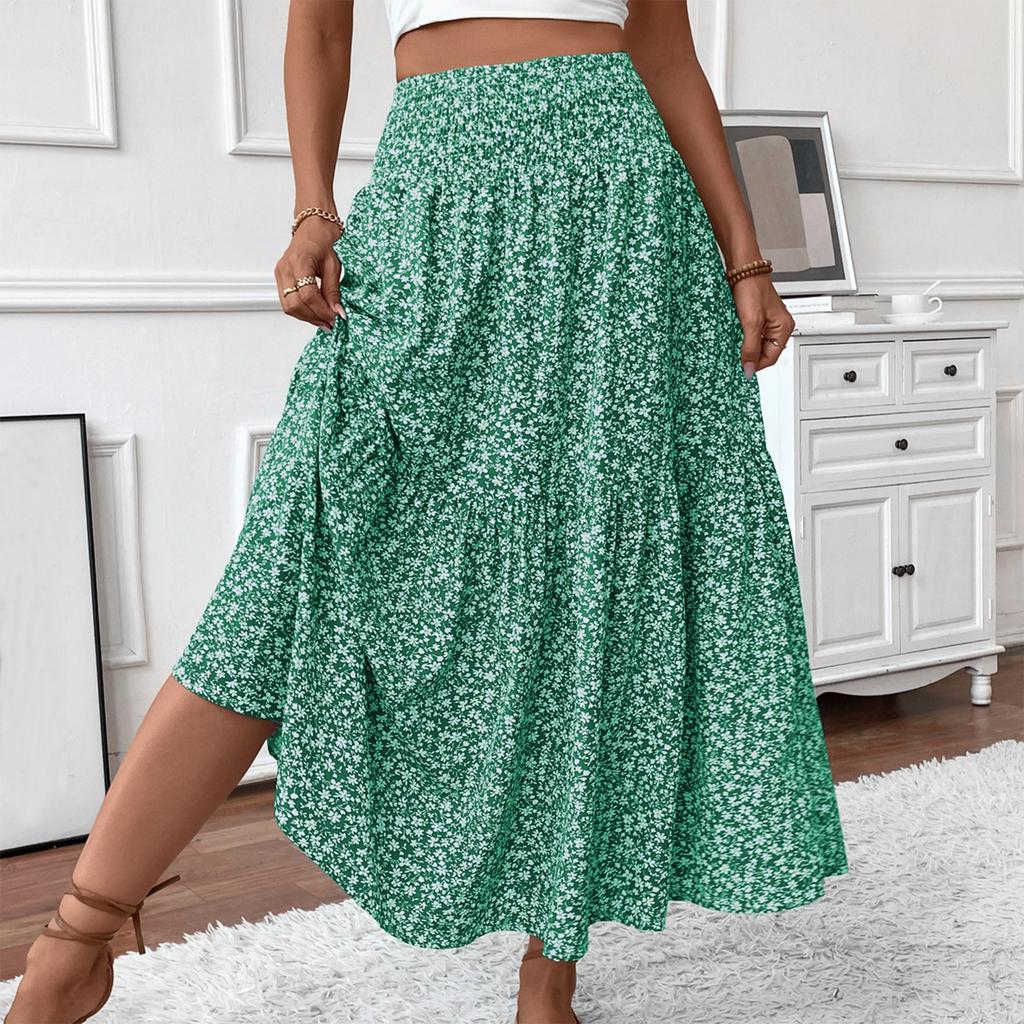 Women's Fashion Pleated Floral Print Elastic Waist Loose Splicing A Line Skirt