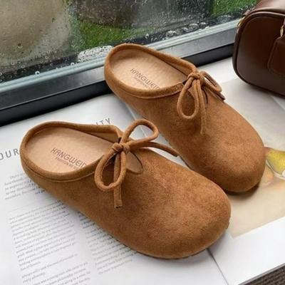 Fashion Baotou Slippers Spring New Round Head Suede Butterfly Knot Soft Sole Anti-slip Wear-resistant Flat Shoes