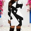 Women Plus Size Round Neck Long Sleeve Black White Geometric Printed Bodycon Mini Dress