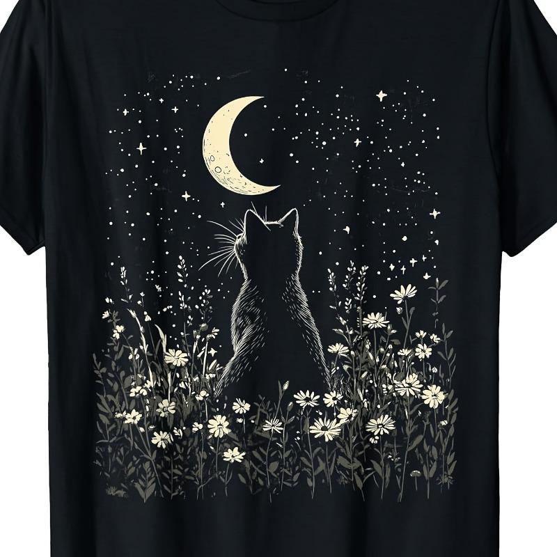Retro Cat and Moon Phase T-shirt Men's T-shirt Summer Straight Tube Unisex Casual T-shirt