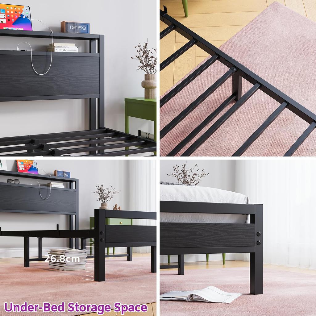 Bed 140x200 with Storage, Metal Bed Frame with USB Charging Function & LED Lighting, Modern Storage Bed with Headboard Shelf, Youth Bed/Guest Bed