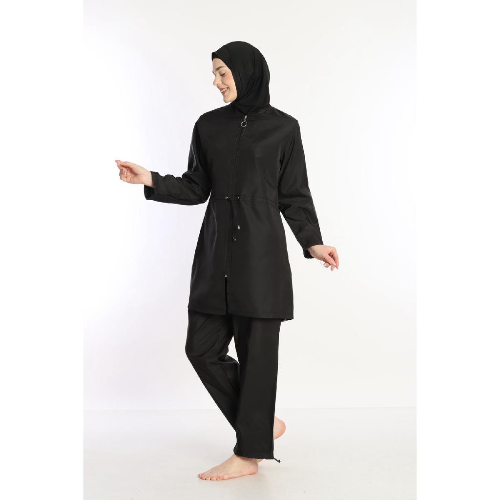 Black Lycra Headscarf 4 Piece Fully Covered Water Repellent Quick Drying Zippered Hijab Swimsuit