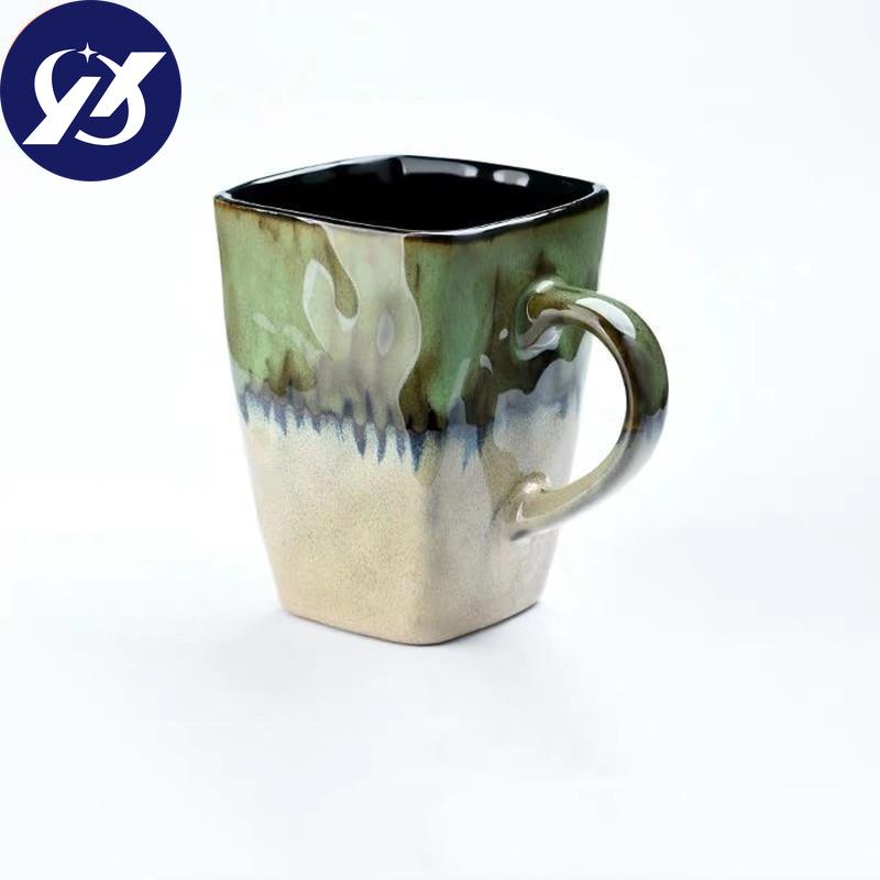 Creative Flow Glaze Square Coffee Mug With Spoon and Lid Retro Tea Cup Simple Household Matte Color Ceramic Milk Water Cup Gift