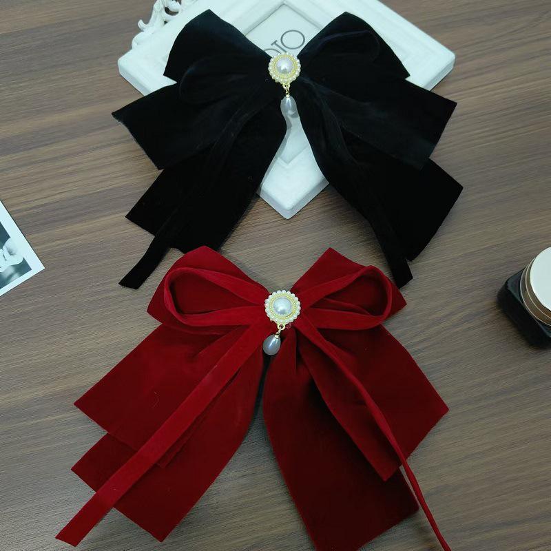 Korean Velvet Rhinestone Bow Tassel Hair Clip for Brides