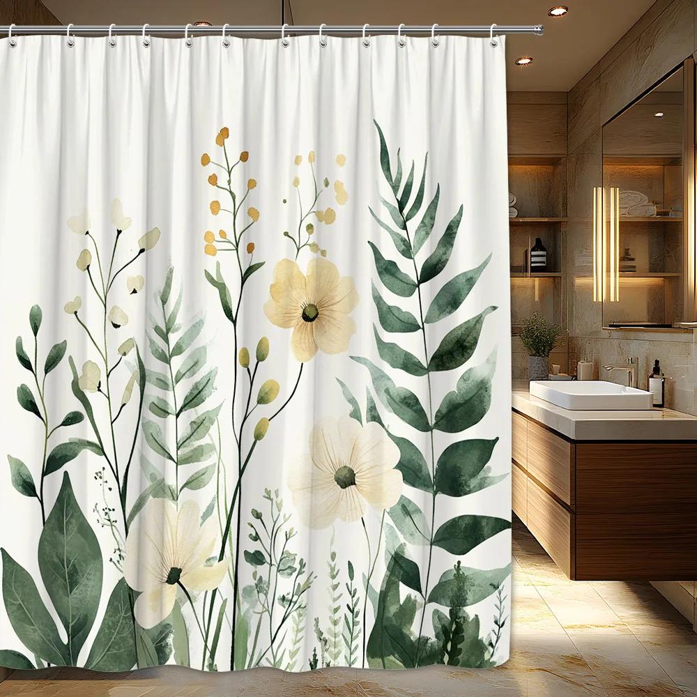 

Elegant Watercolor Floral Shower Curtain - White, Pale Yellow & Orange Flowers On Dark Green, Minimalist Design, Polyester W60H190(CM)-1 Pcs