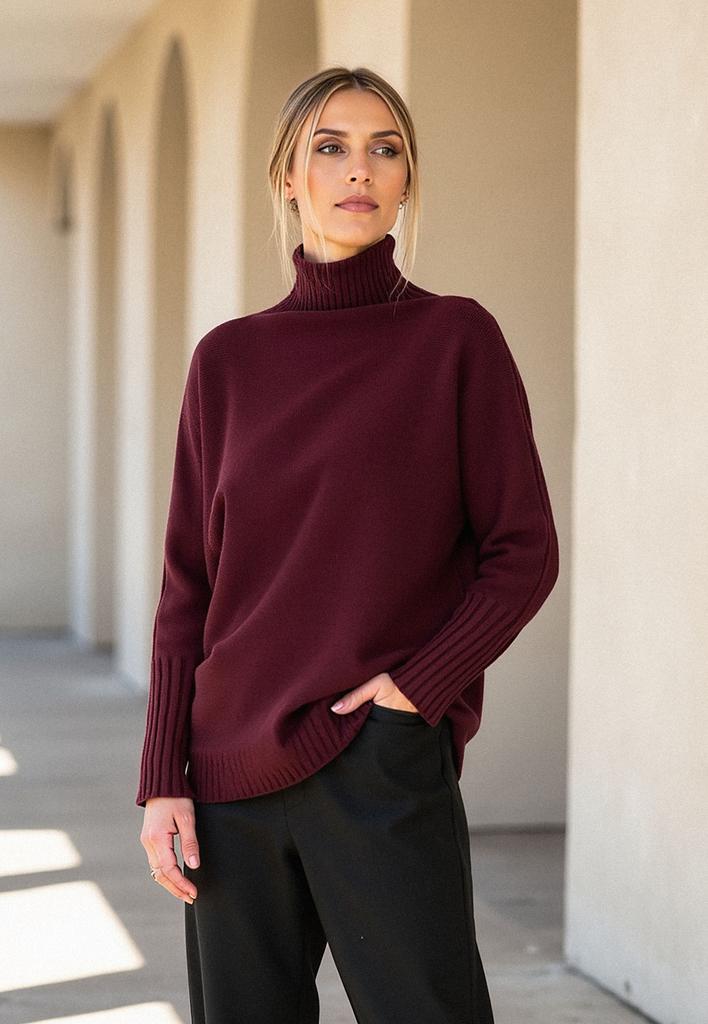 Elegancki Sweter Damski - Sweter Z Golfem - Bordowy Sweter M1101 Rozmiar S/M