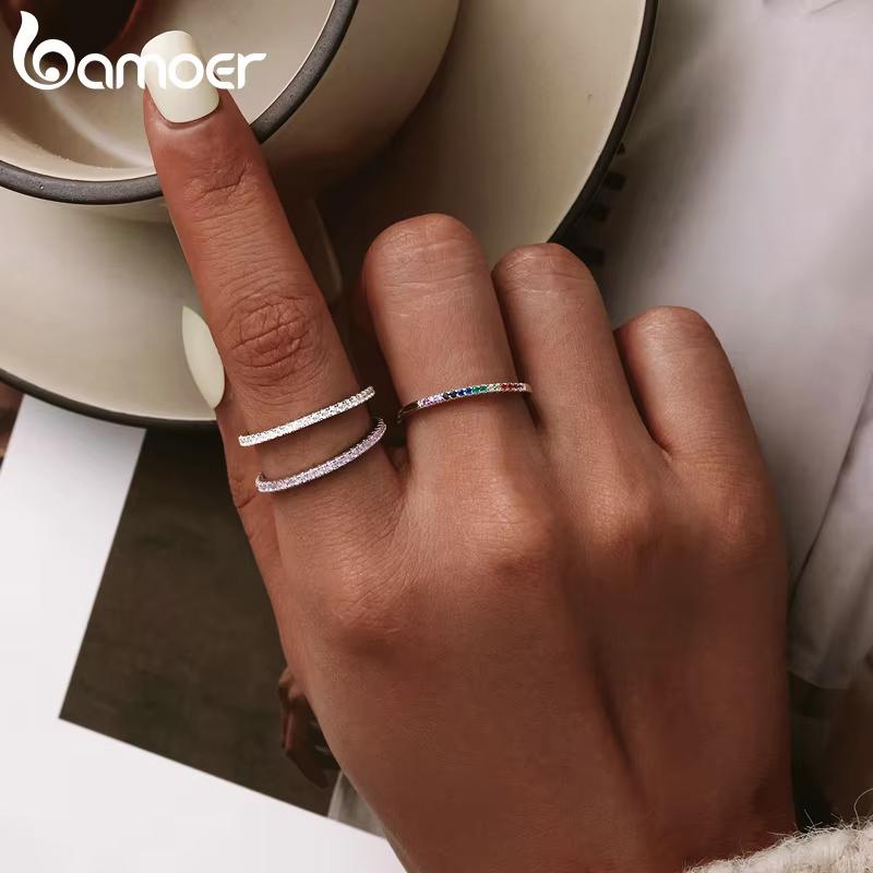 925 Sterling Silver Full Paved Simulated Diamond Stackable Rings, Women Gold Plated Engagement Eternity Bands Colored CZ