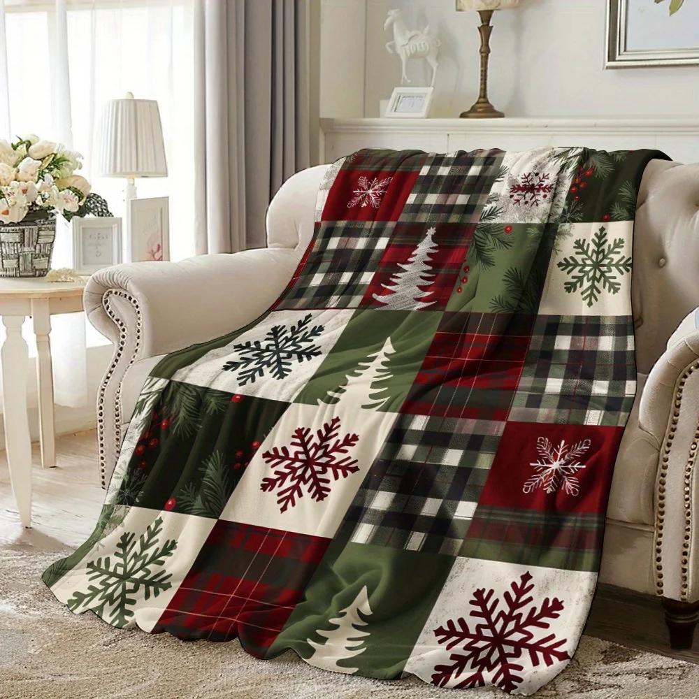 1pc Christmas Patchwork Throw Red & Green Snowflake/Tartan Squares, Cozy Flannel Blanket for Sofa Decor
