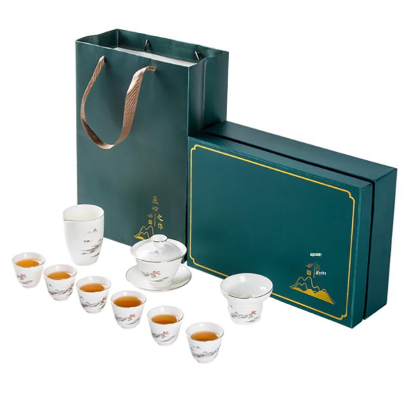 Gilded White Porcelain Landscape Tea Set Gift Box