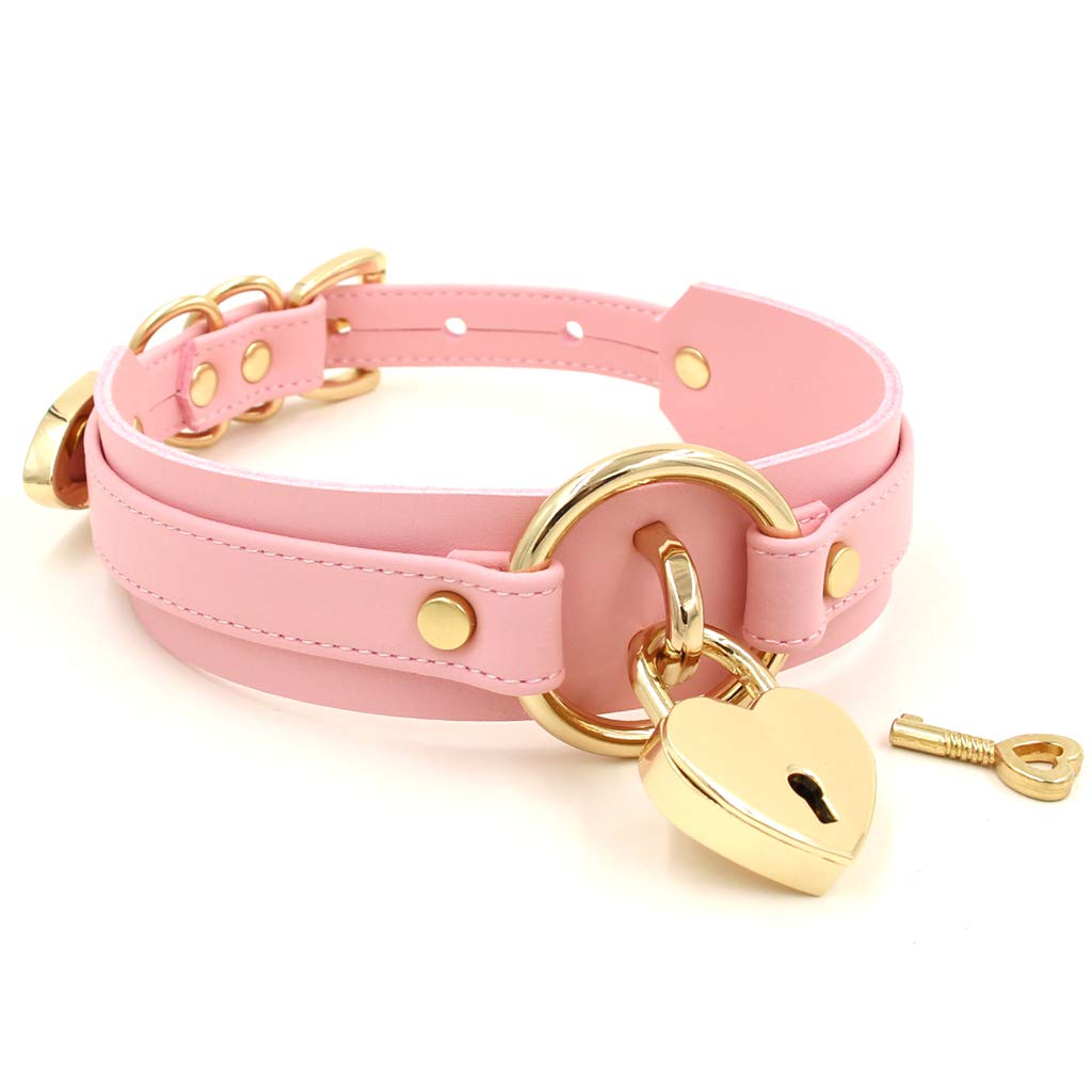Heart Choker Collar with Padlock and PU Leather Ring, (Pink & Gold)