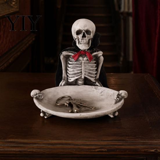 Gothic Home Decor Halloween Skeleton Decorative Tray, Storage Tray with Black Cape Red Spooky Table Centerpiece Bow, Multifunctional Desktop Organizer