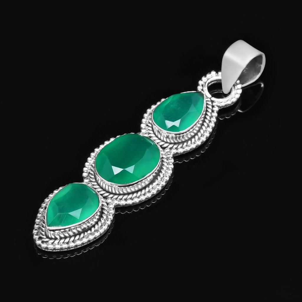 Natürlicher grüner Onyx mit drei Steinen, massiver 925er-Sterlingsilber-Tropfenanhänger für Frauen und Mädchen