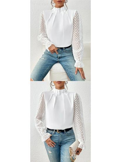 Women's Autumn/Winter Half-High Collar Chiffon Top with Patchwork Wave Pattern