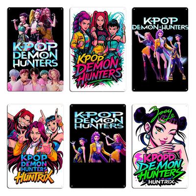 Film K-Pop Animati 2025 Logo Fan Musicale Cacciatori di Demoni K-Pop X Pose Eroiche Gruppo Placca Metallica Murale Personaggi Cartello di Latta Poster