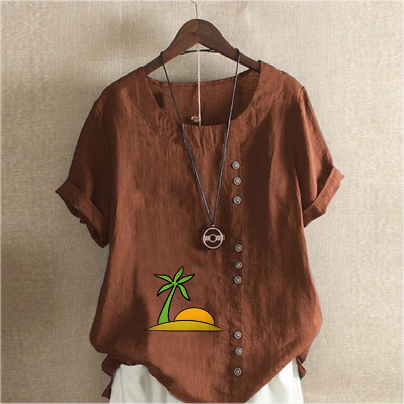 Women's Fashion Setting Sun Prined Short Sleeve T-shirt Loose Cotton Shirt Casual Loose Summer Blouse Tops Plus Size