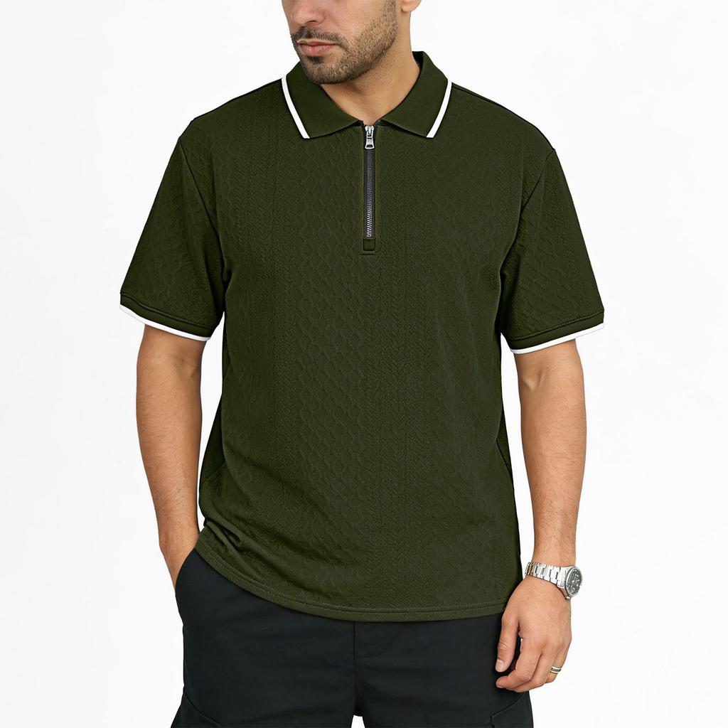 Men's Short Sleeve Polo Shirt with Zipper Collar Classic Fit Lightweight Knit Top for Everyday Wear