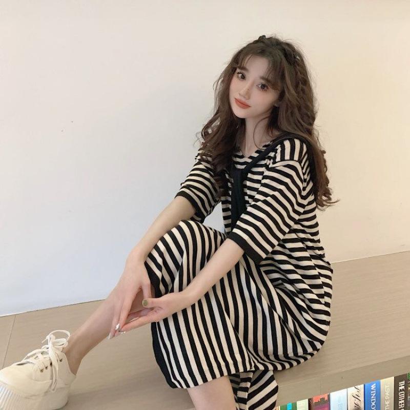Maternity Summer Dress 2026: Stylish Short Sleeve Slit Striped Long Skirt Large