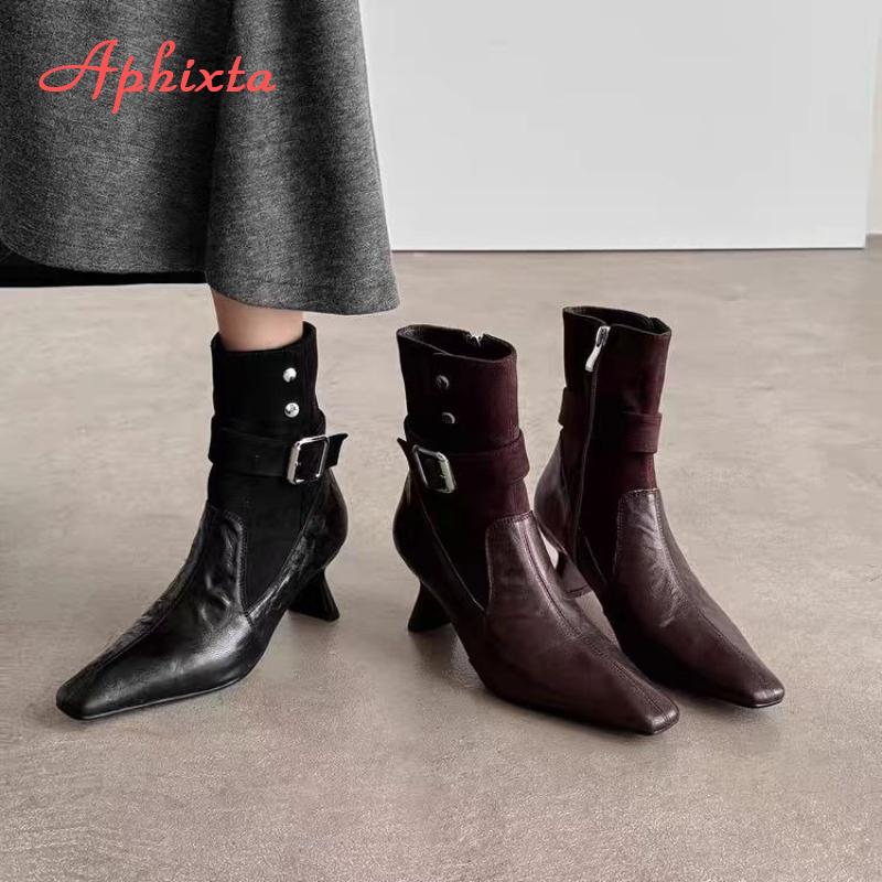 Fashion Aphixta High Heels Women Ankle Boots Elegant Metal Decoration Woman Modern Boot Side Zipper Sexy Soft Leather Women's High Boots