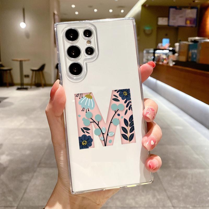 Art Initial Letter A To Z Pink Flowers Phone Case For Samsung Galaxy S26 S25 S24 S23 S22 Ultra S20 S21 FE 5G Plus Clear Cover