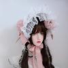 Handmade Vintage Victorian Gothic Tea Party Lace Straw Hat Lolita Girls Flowers Bonnet with Ruffles Halloween Black Headdress