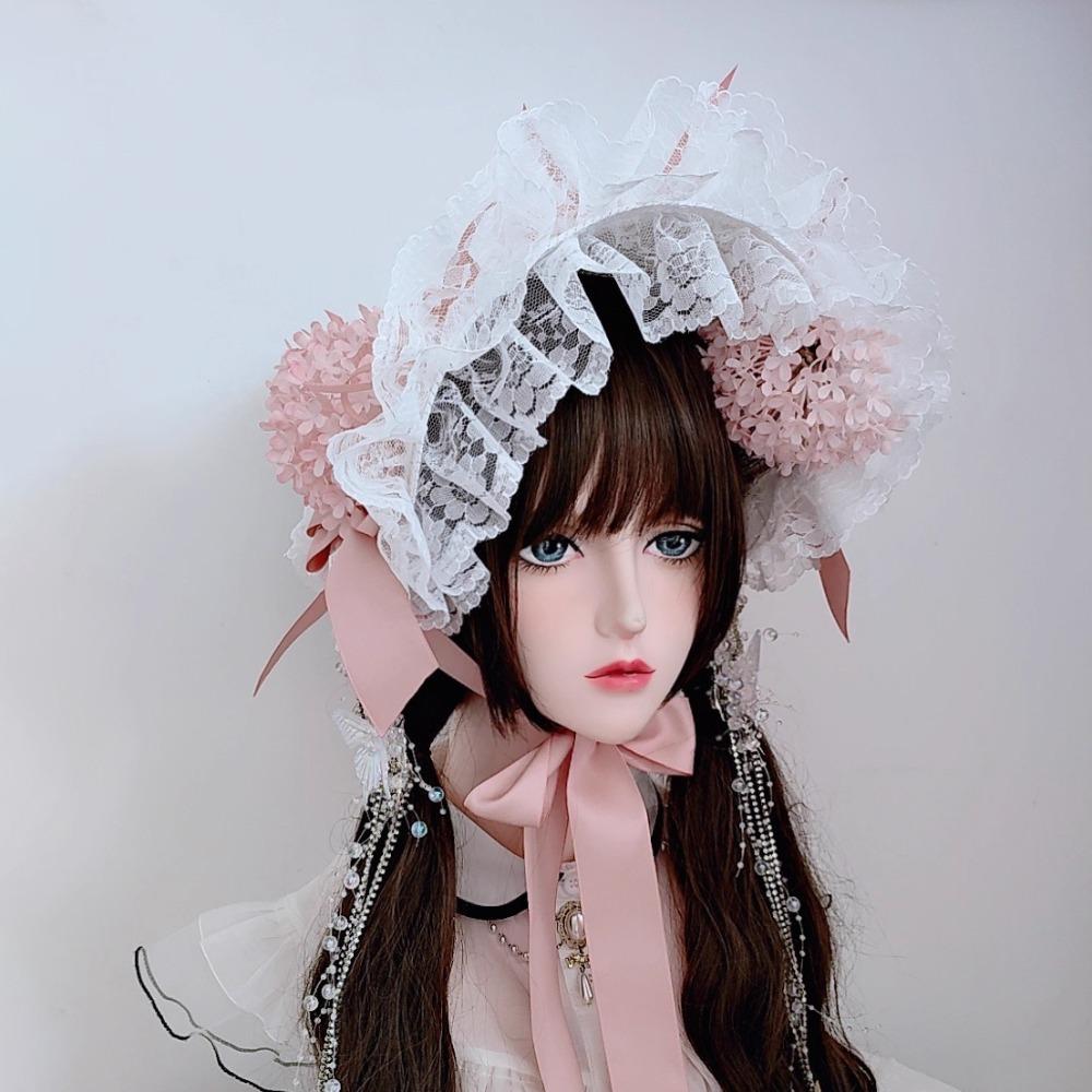 Handmade Vintage Victorian Gothic Tea Party Lace Straw Hat Lolita Girls Flowers Bonnet with Ruffles Halloween Black Headdress