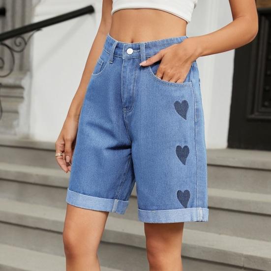 Summer Women Denim Shorts Mid Waisted Knee Length Stretchy Casual Wide Straight Leg Distressed Cuffed Jeans Short Pants with Pockets