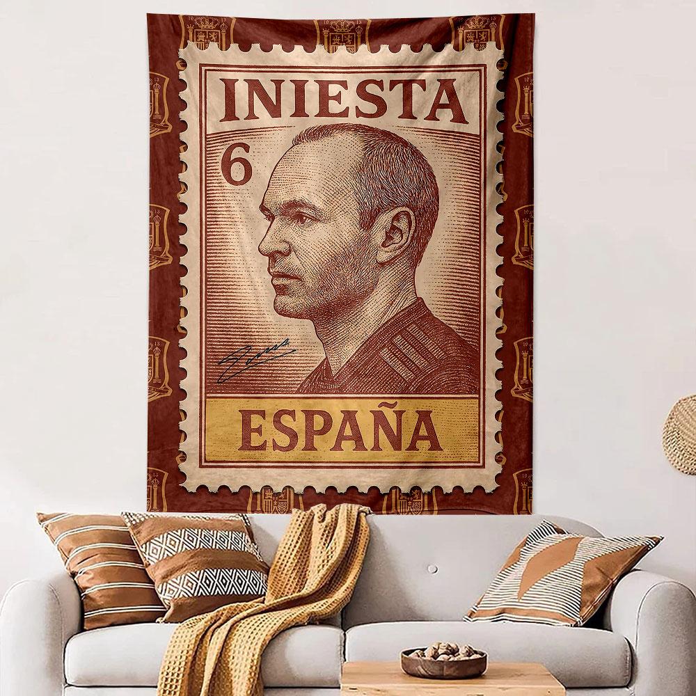Andres Iniesta Spain Football Legend Wall Tapestry Vintage Postage Stamp Portrait Espana Number 6 Decor for Fan Man Cave Gift