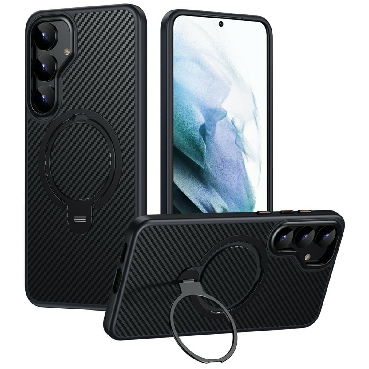 

For Samsung Galaxy S25+ Case Compatible with MagSafe PC+TPU Phone Cover Ring Holder Carbon Fiber Texture Black