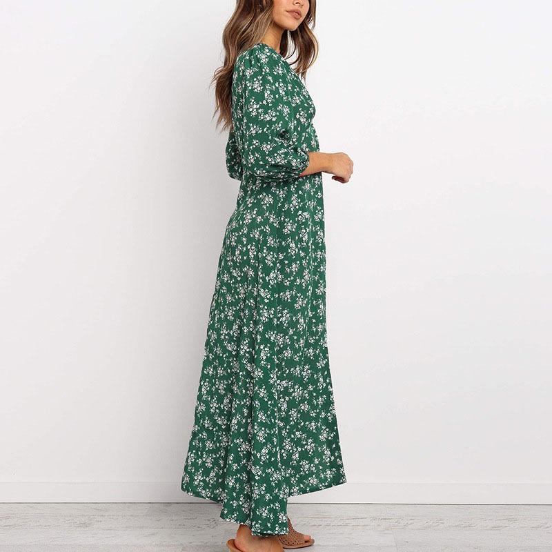 Abiti autunnali da donna in chiffon con stampa a V, maniche lunghe e vita alta