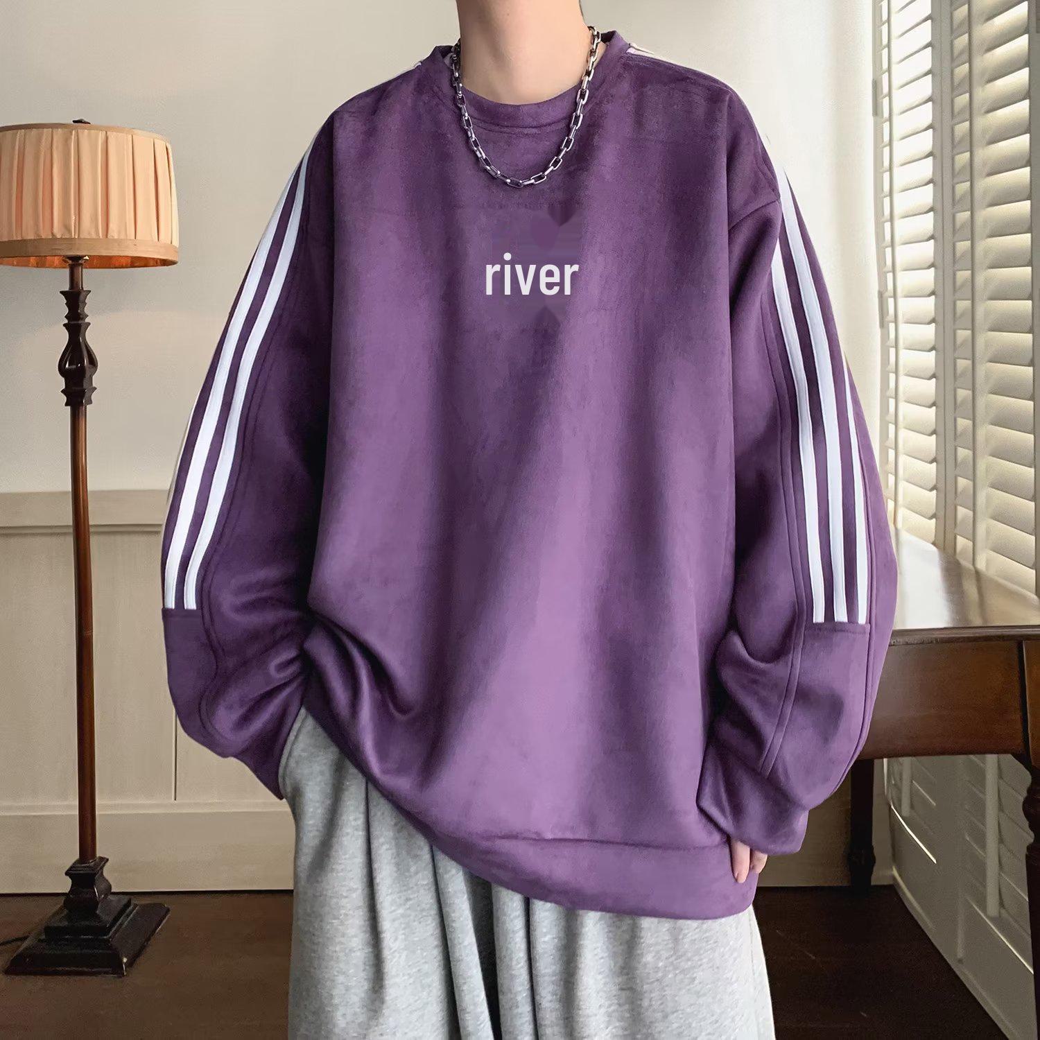 

Мужская замшевая полосатая ретро-толстовка - круглая горловина, свободный крой, модный брендовый топ на весну/осень L фиолетовый