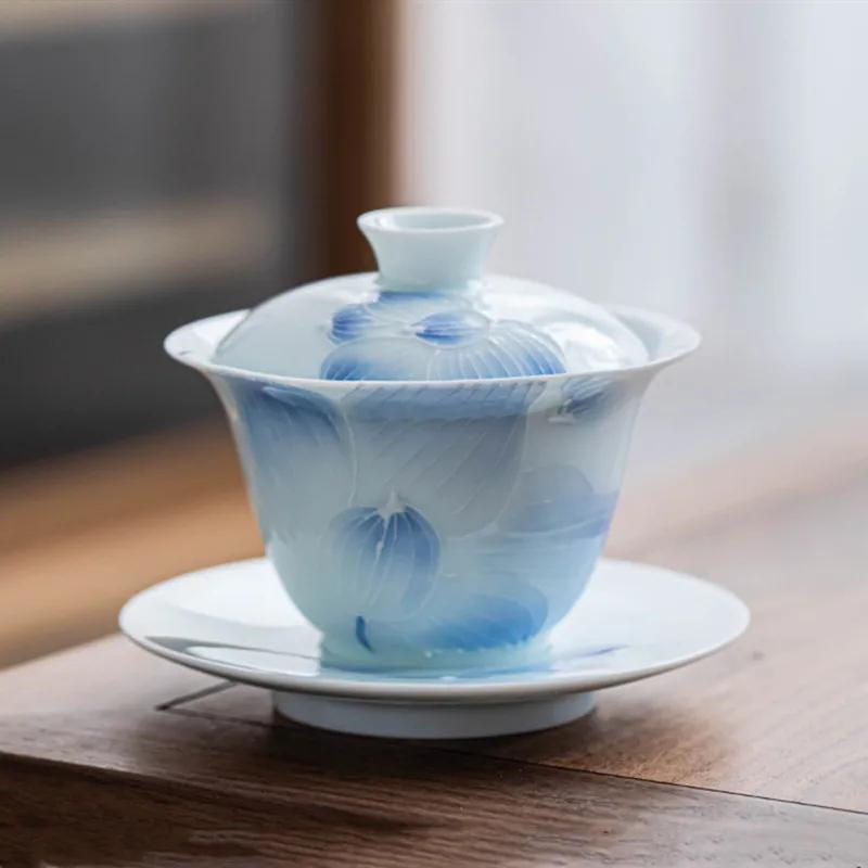 

Керамічна чайна чашка з чайною супницею з китайським ручним розписом, 140 мл, портативний набір для чаю Gaiwan Порцелянова миска ручної роботи для домашнього чаю. 11x9.8cm 140ml