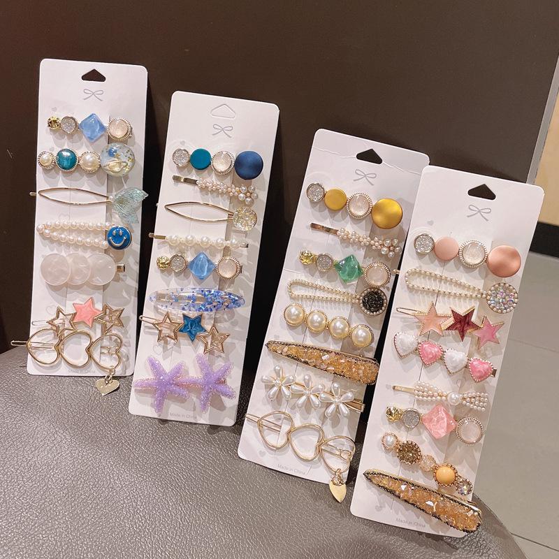 Retro Mode Haarspangen Set: Bär, Blume, Feder, Schere, Perle, Seite, Pony & Rückenclips