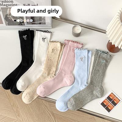 5 Pairs of Female Spring and Summer Bow Embroidery Lace Everything Breathable Tube Pile Socks
