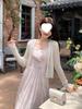 Chuqing French High-Waisted Pleated Chiffon Summer Dress - Spaghetti Strap, Long, Ruffled, Elegant Vacation Wear.