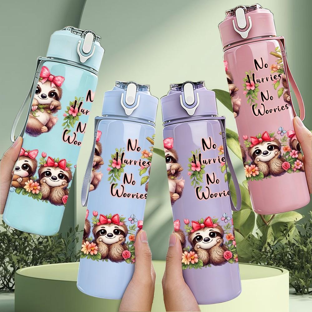 1PC Three Sloth Family Cute Cartoon Print 750ml Color Plastic Sports Water Bottle Leakproof Flip Straw Lid Suitable for Sports Office Home Use