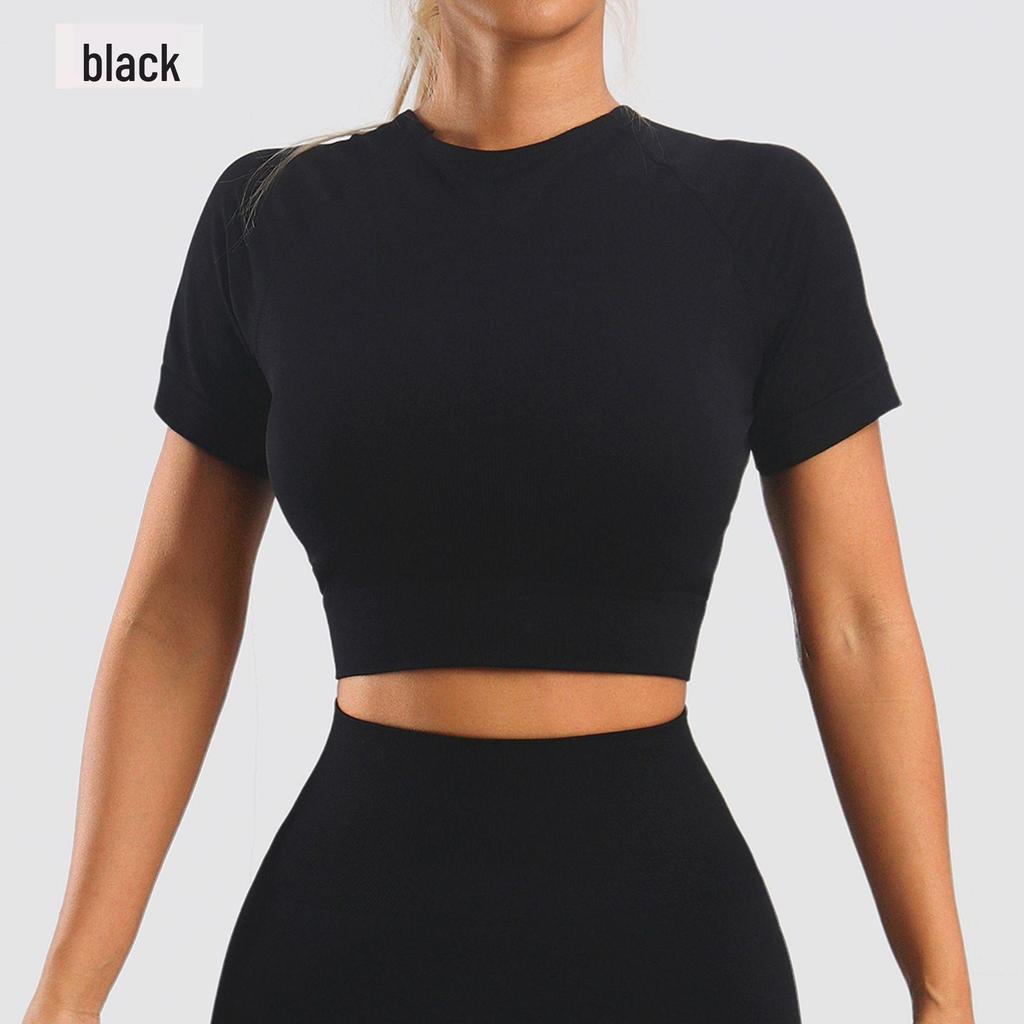 Seamless Knit Slimming Bodycon Yoga Top - Short Sleeve, Small Round Neck, Solid Color Fitness Wear