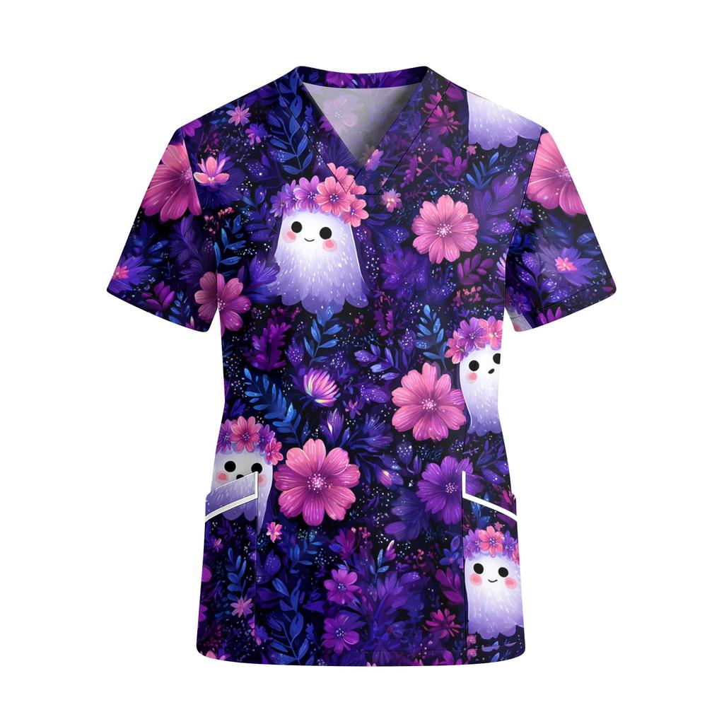 Women V Neck Short Sleeve Work Top with Pockets Halloween Print Floral Pattern Spider Web Design Casual Medical Scrub Shirt