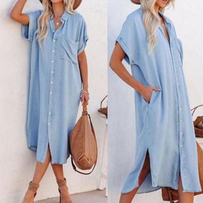 Yaz kadın Etek Moda Düz Renk Denim Kısa kollu POLO Yaka Rahat Rahat Bölünmüş Uzun Gömlek Elbise