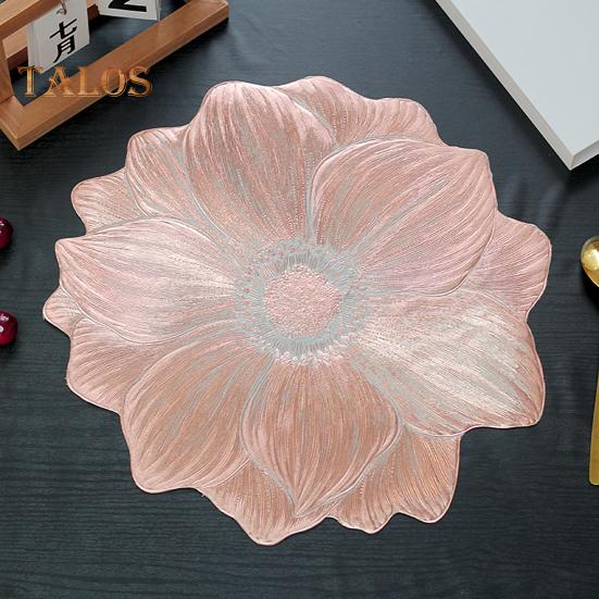 PVC Placemats for Dining Pressed Vinyl Metallic Flower Table Mats 15 Inch Round Tablemats Vinyl Place Mats for Kitchen Table Holiday Wedding