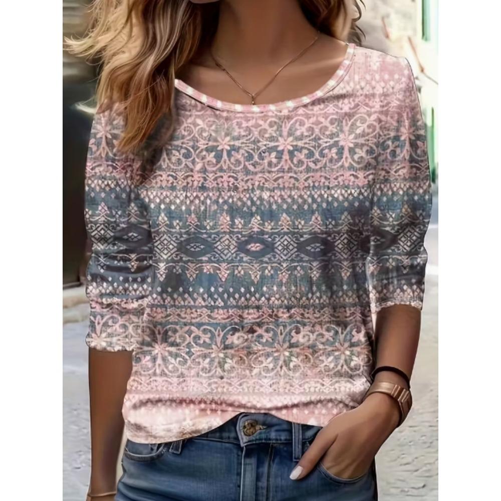 Autumn Women's Fashion Color Blocked Printed Long Sleeved T-shirt V-neck Loose Casual T-shirt Top Women's Clothing